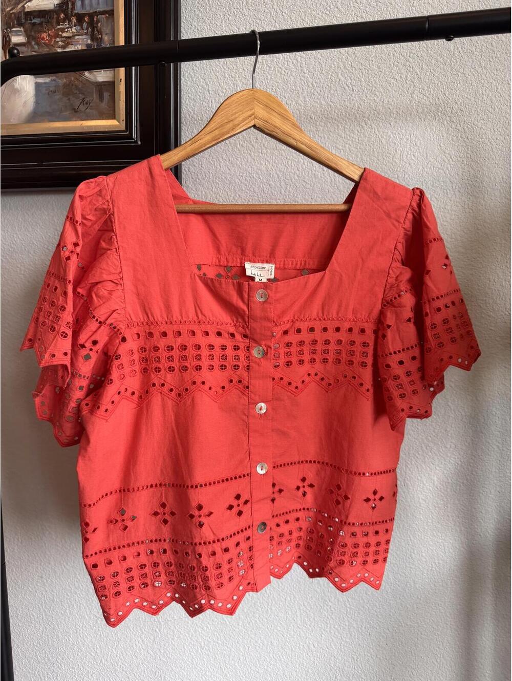 Artelier Nicole Miller Orange Coral Eyelet Button Front Blouse M NWT